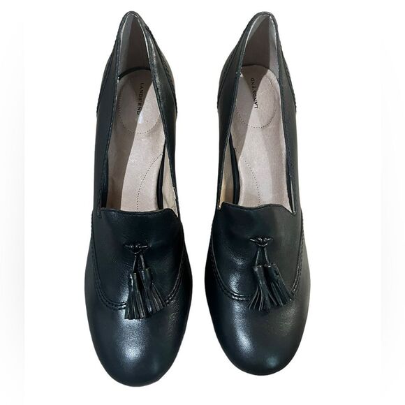 Lands End Stowe High Heel Tassle Shoes Black Leather Pumps Block Heel Womens 9.5 - Picture 3 of 9